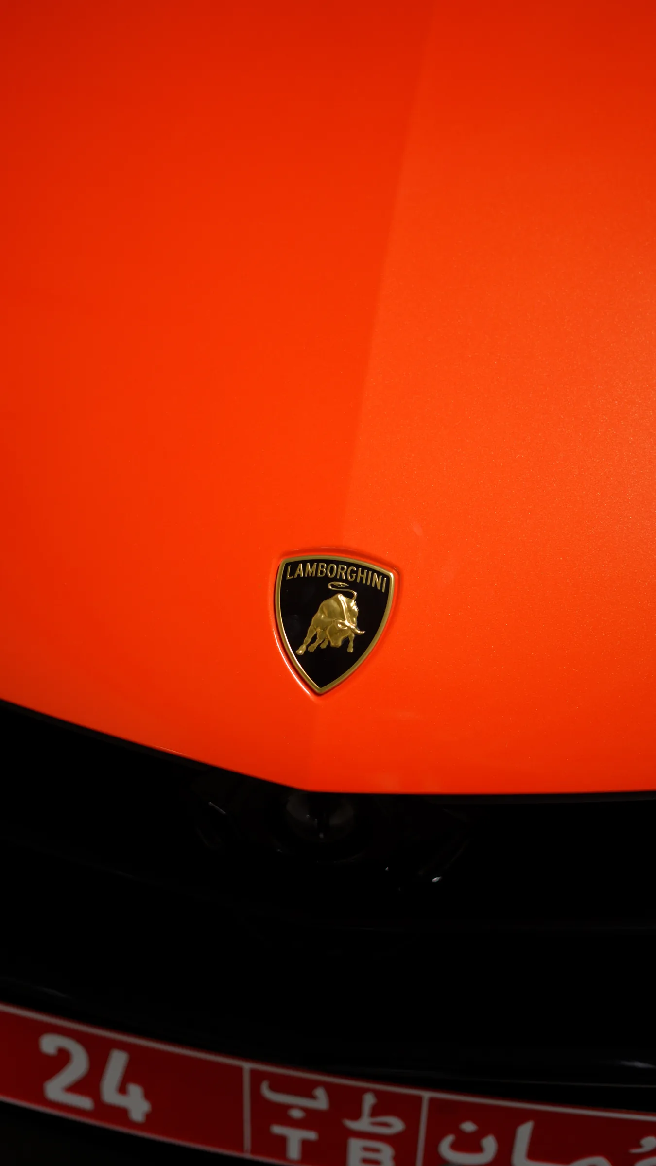 Close-up of Lamborghini Urus hood badge and Oman number plate